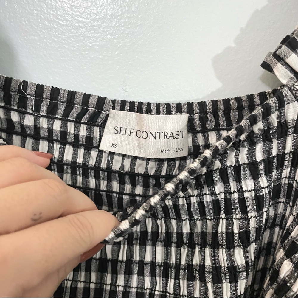 Anthropologie x Self Contrast Puff Sleeve Gingham Black White Smocked Romper XS - Picture 8 of 10